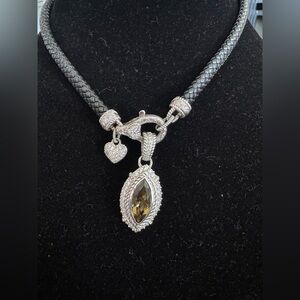 Vintage Judith Ripka Sterling Silver Marquise Pendant Necklace with Braided Cord